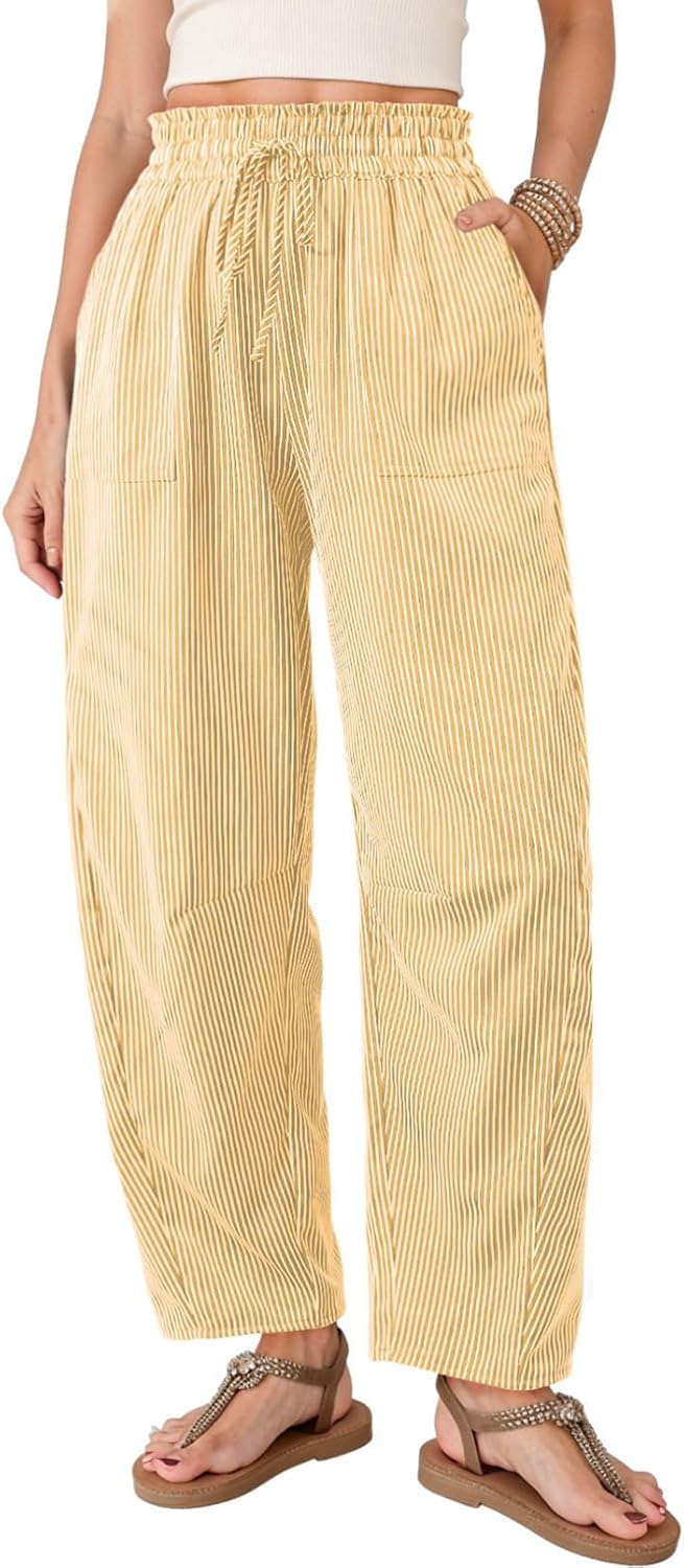 Sabelle Women's Striped Barrel-Leg Trousers – Paper-Bag Waist, Drawstring & Handy Pockets