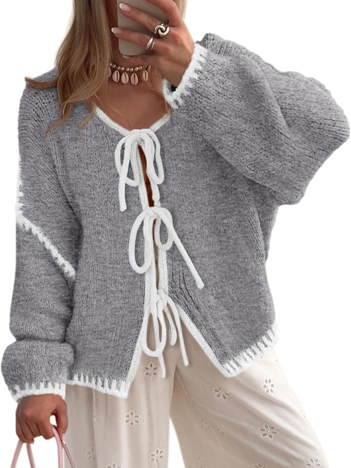 Jaspar Women's Cable Knit Cardigan – Tie Front, Puff Sleeves & Roomy Fit