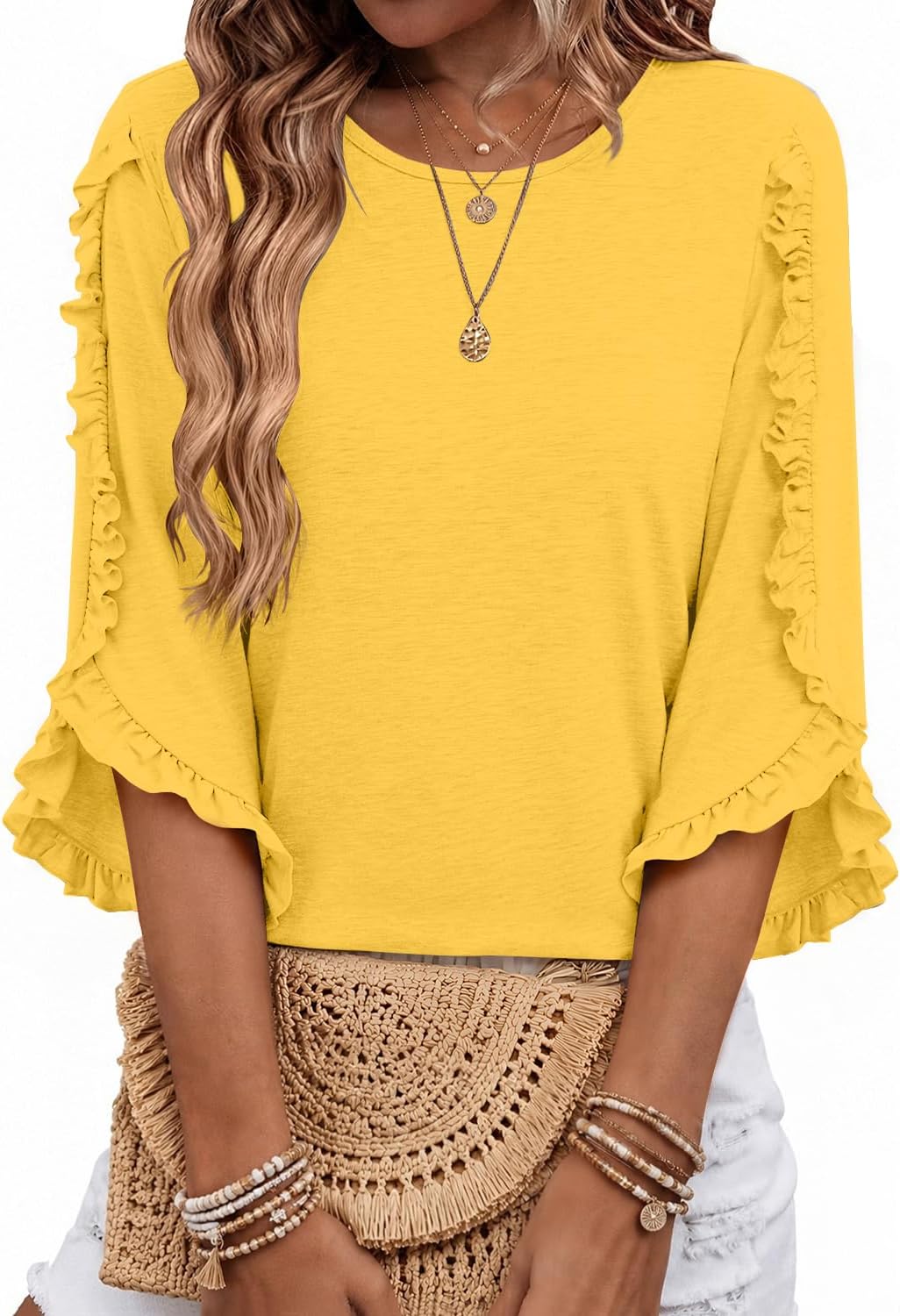 Adalgisa Women's Ruffle Trim Top – Crewneck, 3/4 Sleeves & Easy Fit
