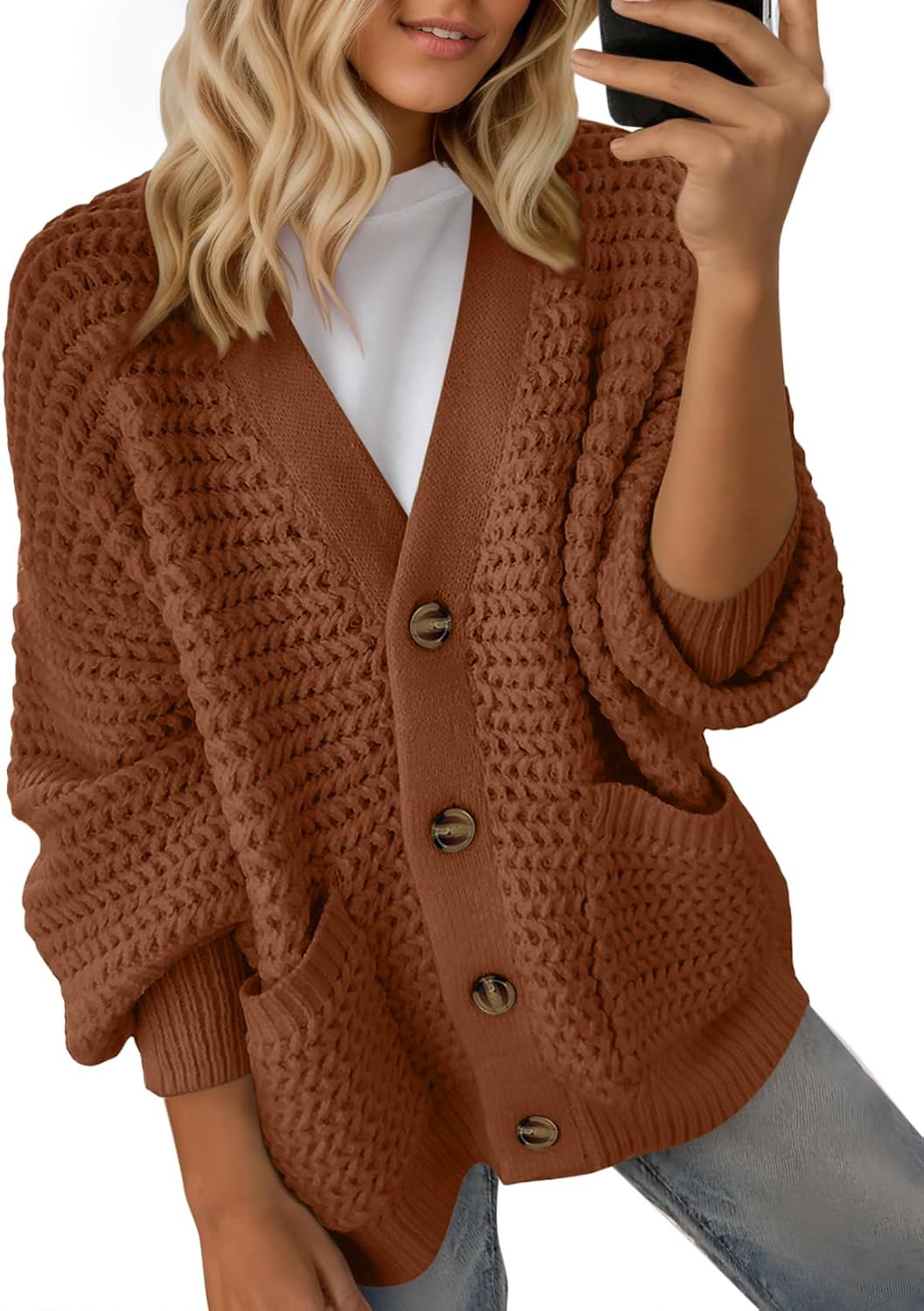 Adeline Women's Cable Knit Cardigan – V-Neck Open Front Long Sleeve Relaxed Fit