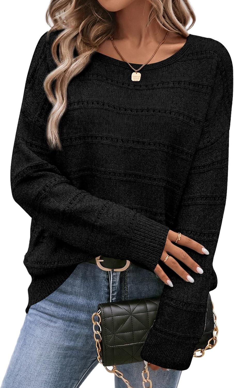 Farah Women's Hollow-Knit Sweater – Round Neckline, Dropped-Shoulder Design & Striped Texture