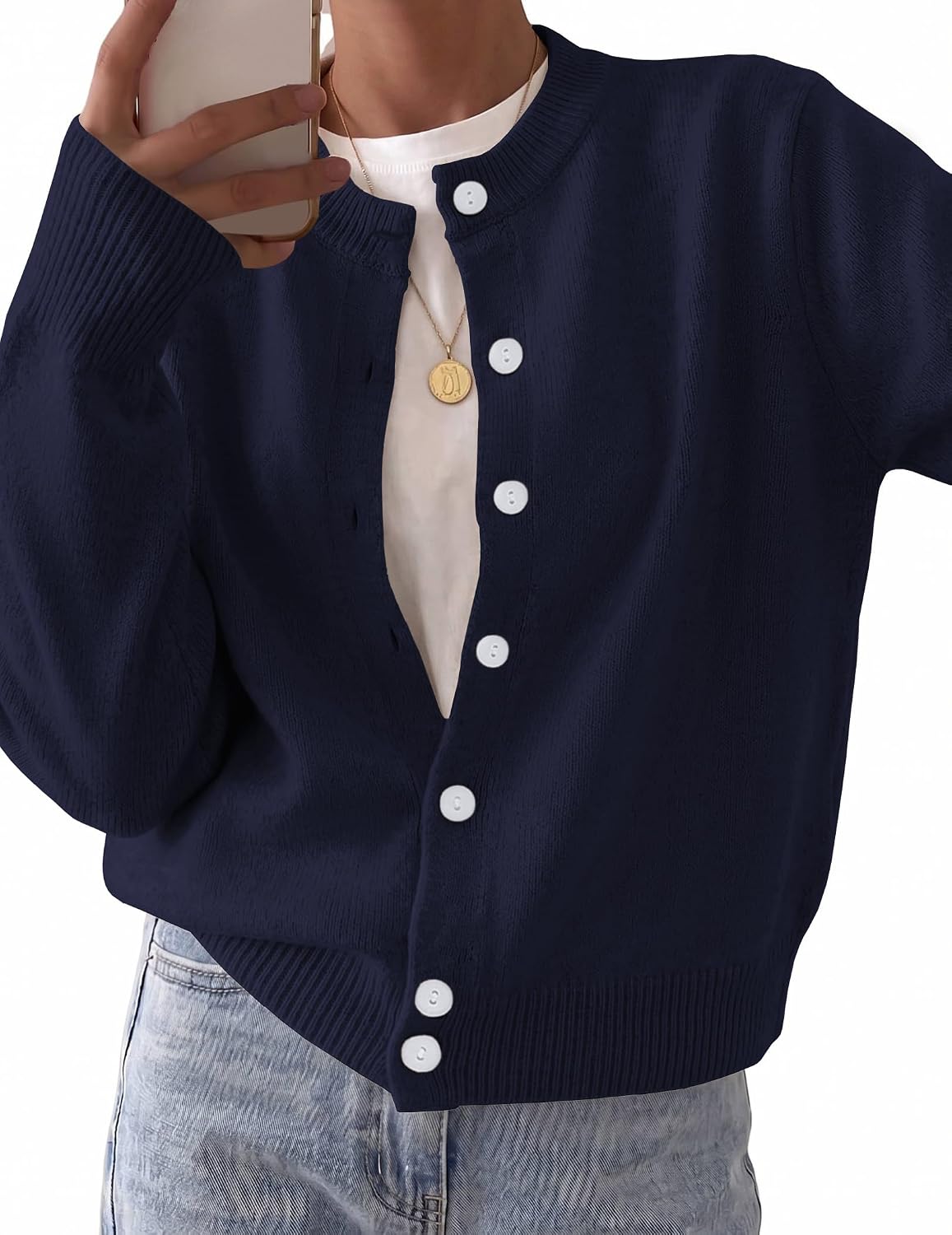 Rosalie Women's Knit Cardigan – Cropped Crew Neck Button-Up Wool Blend Sweater