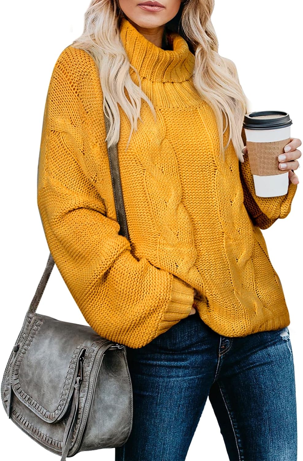 Giselle Women's Cable Knit Turtleneck Sweater – Dolman Sleeves, Cropped Fit & Ribbed Hem