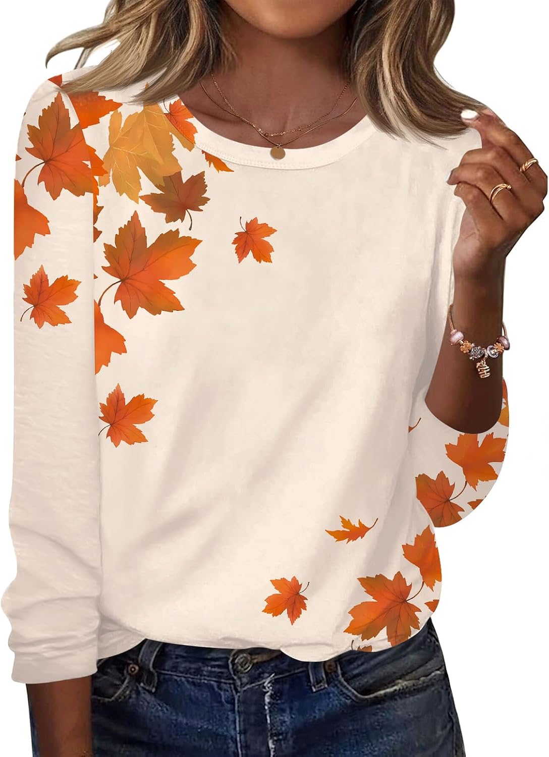 Sabelle Women's Printed Long Sleeve Top – Round Neckline, Curved Hem & Comfortable Fit