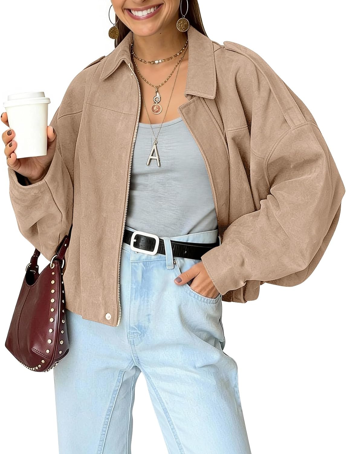 Nectaria Women's Faux Suede Bomber Jacket – Cropped Fit, Dolman Sleeves & Zip-Up Front