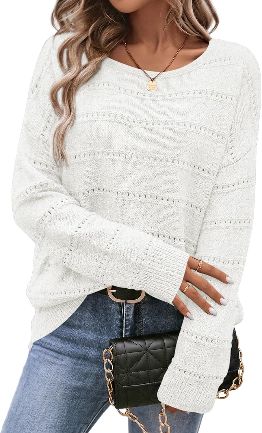 Farah Women's Hollow-Knit Sweater – Round Neckline, Dropped-Shoulder Design & Striped Texture