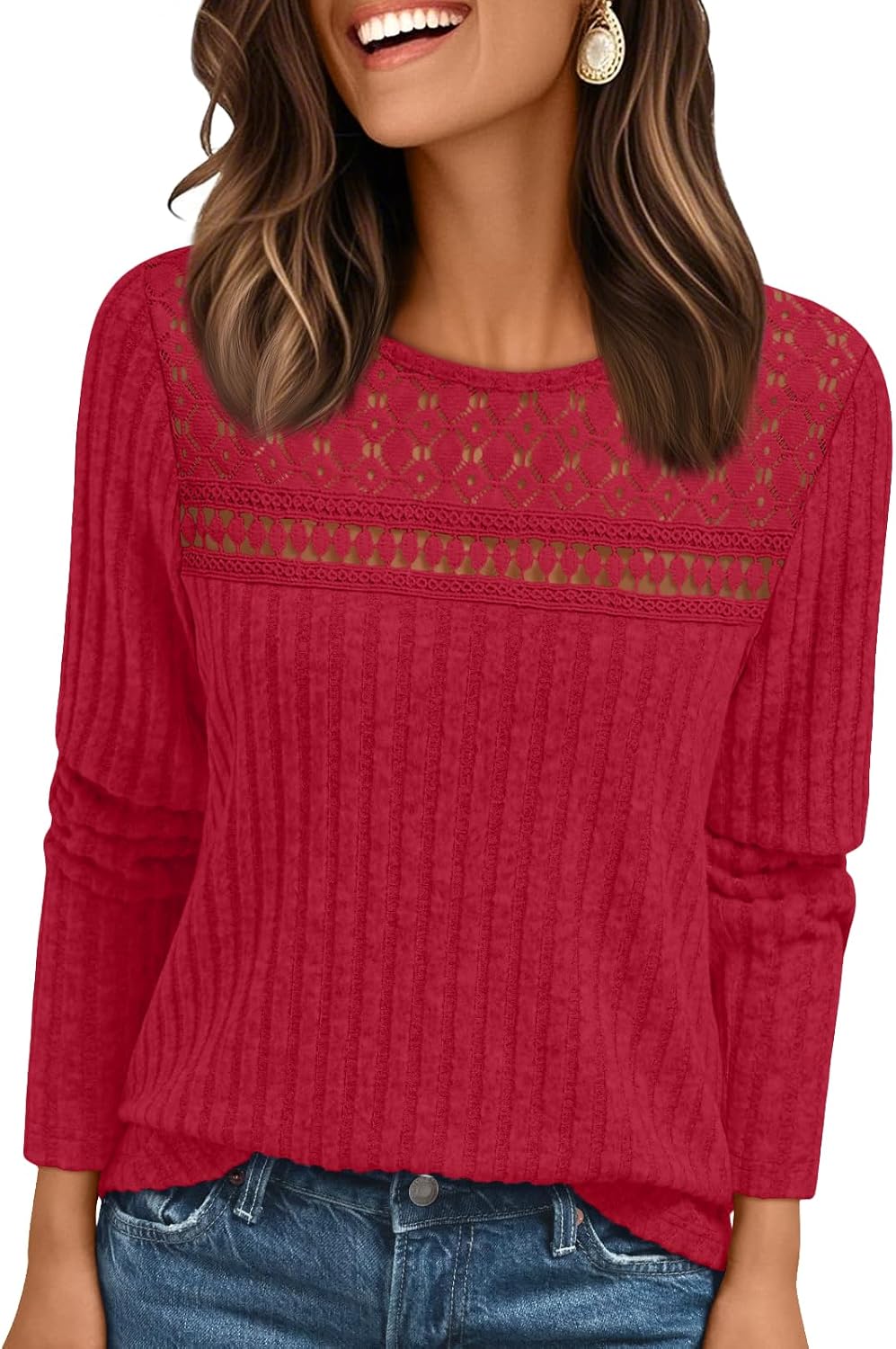 Ulrike Women's Lace Ribbed Top – Crewneck, Full-Length Sleeves & Fitted Silhouette