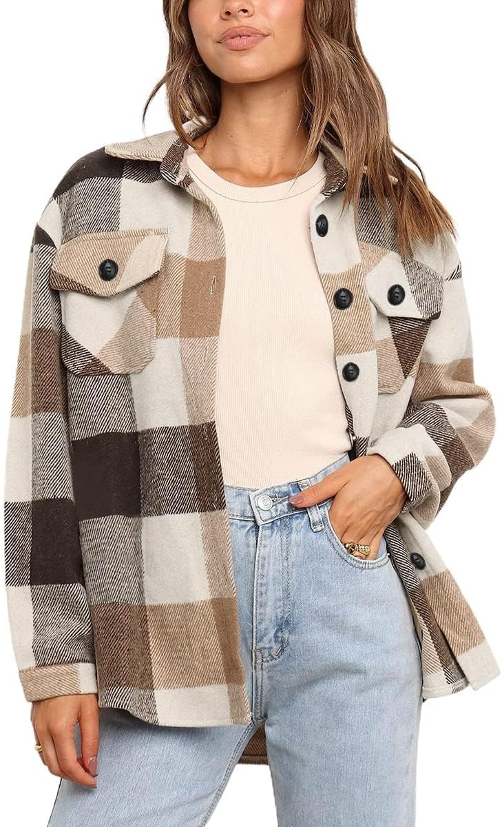 Xerxine Women's Plaid Shacket – Relaxed Silhouette, Button-Up Front & Front Chest Pockets