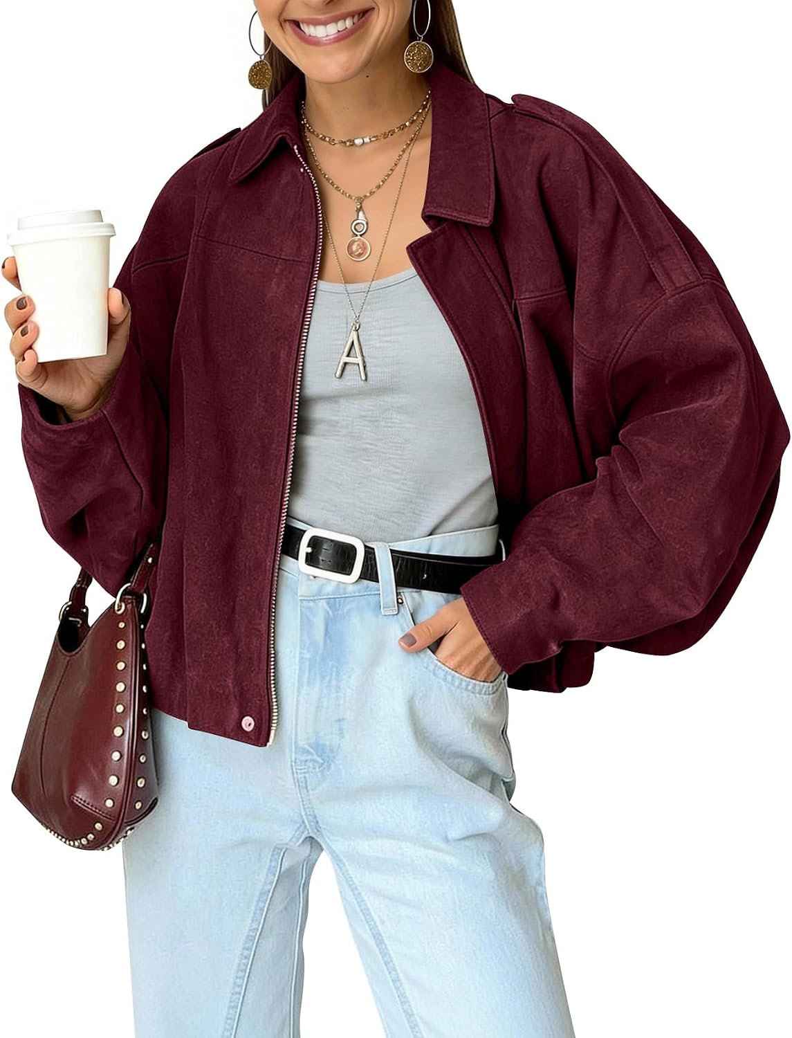 Nectaria Women's Faux Suede Bomber Jacket – Cropped Fit, Dolman Sleeves & Zip-Up Front
