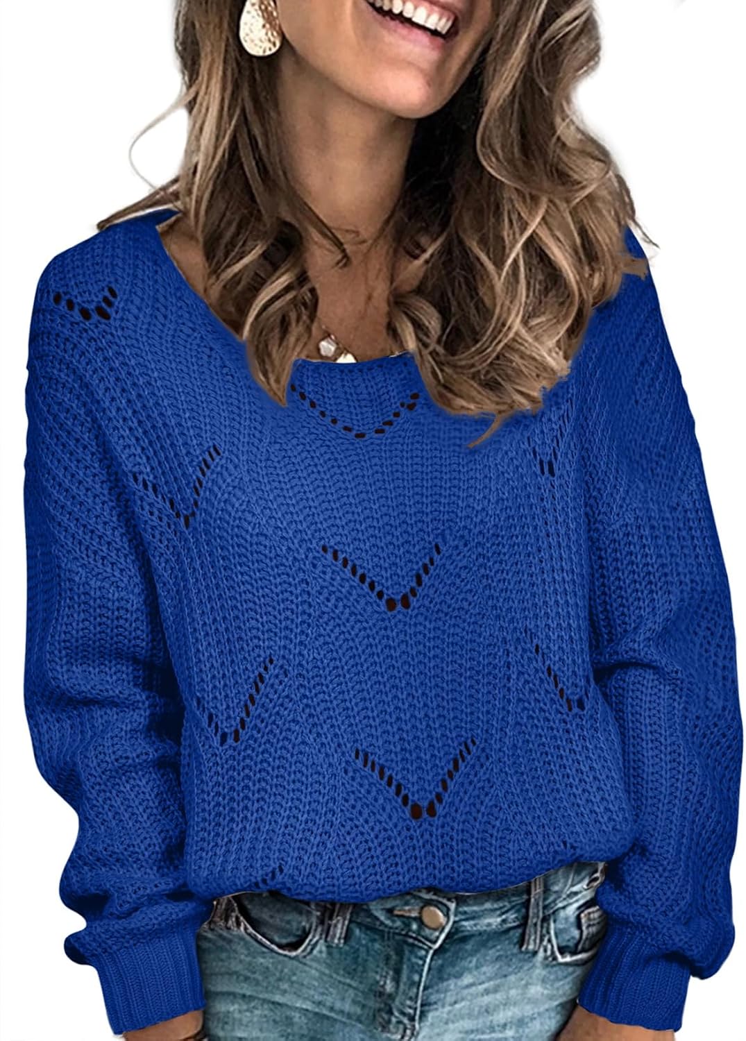 Ingrida Women's Hollow Knit Sweater – Convertible Neckline, Full-Length Sleeves & Relaxed Silhouette