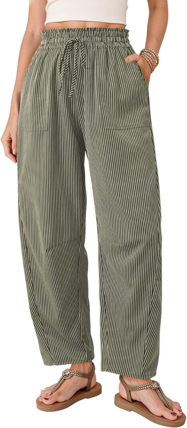 Sabelle Women's Striped Barrel-Leg Trousers – Paper-Bag Waist, Drawstring & Handy Pockets