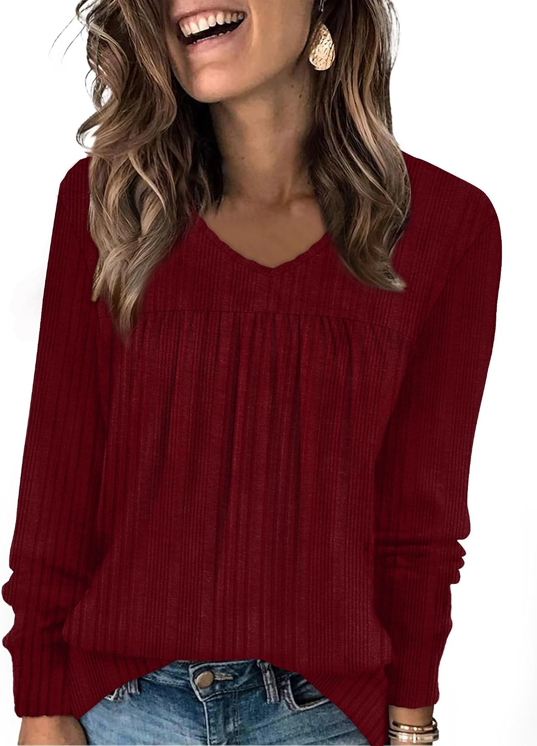 Lydia Women's Ribbed Tunic Top – V-Neck Long Sleeve Relaxed Fit Pleated Sweater