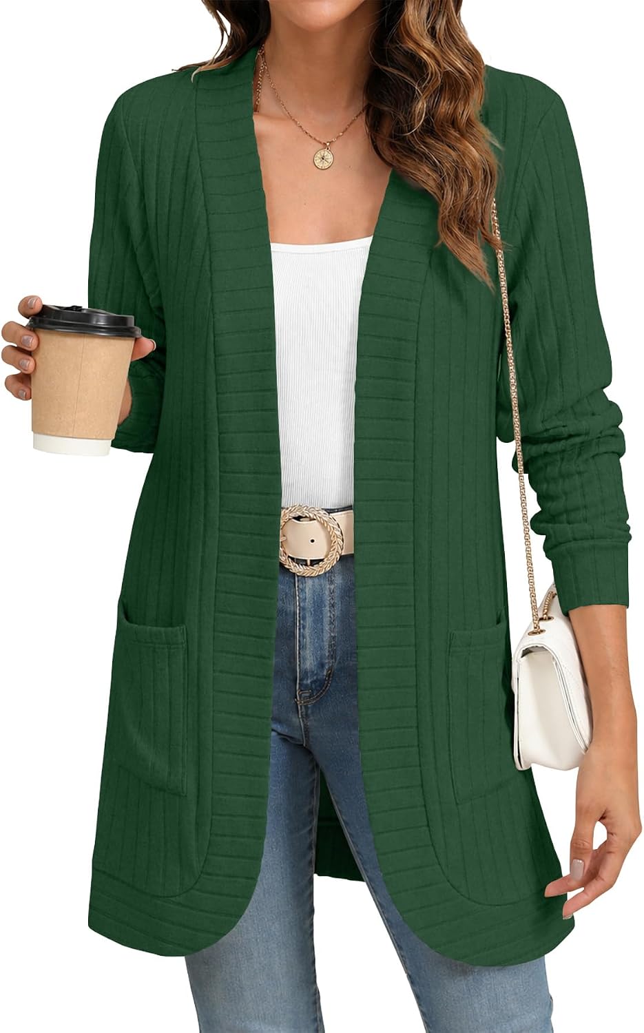 Draycen Women's Ribbed Open-Front Cardigan – Full-Length Sleeves, Relaxed Silhouette & Side Slip Pockets