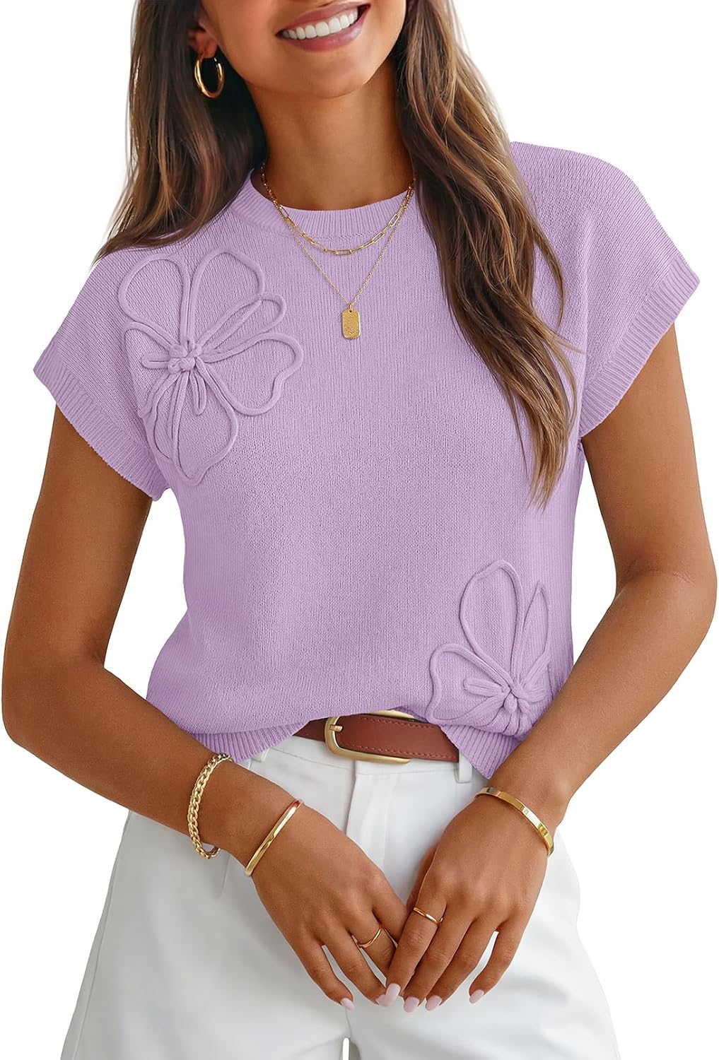 Florentine Women's 3D Floral Knit Top – Cap Sleeves, Crewneck & Comfortable Fit