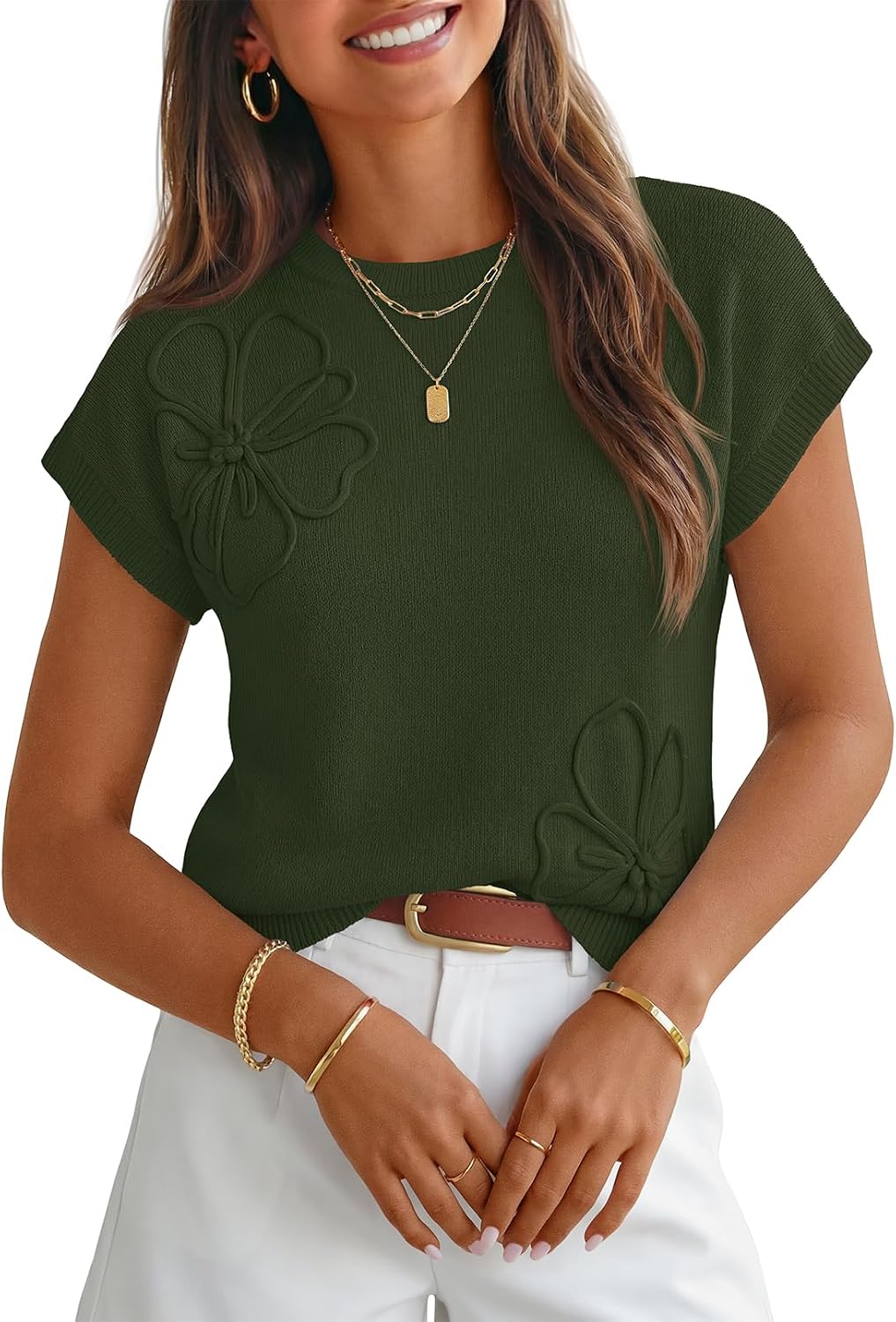 Florentine Women's 3D Floral Knit Top – Cap Sleeves, Crewneck & Comfortable Fit