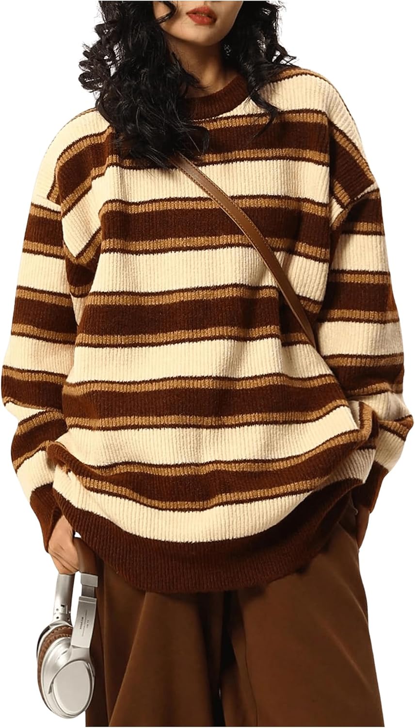 Merida Women's Striped Sweater – Round Neckline, Dropped-Shoulder Design & Loose Silhouette