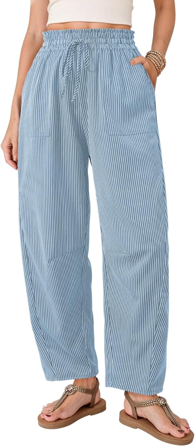 Sabelle Women's Striped Barrel-Leg Trousers – Paper-Bag Waist, Drawstring & Handy Pockets