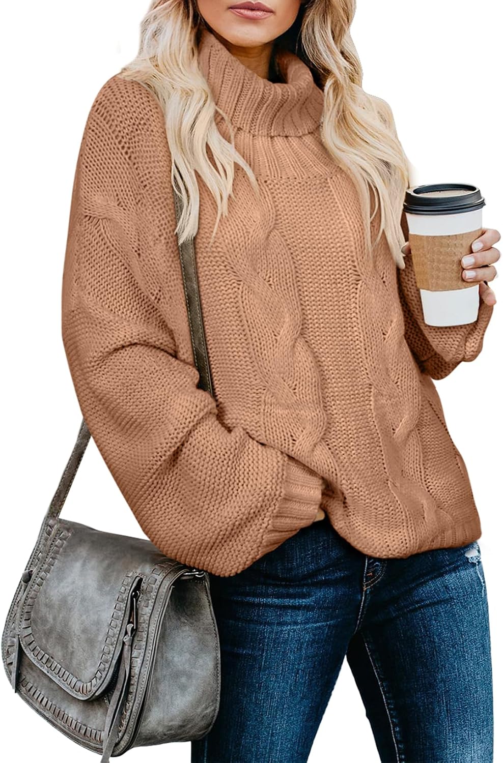 Giselle Women's Cable Knit Turtleneck Sweater – Dolman Sleeves, Cropped Fit & Ribbed Hem