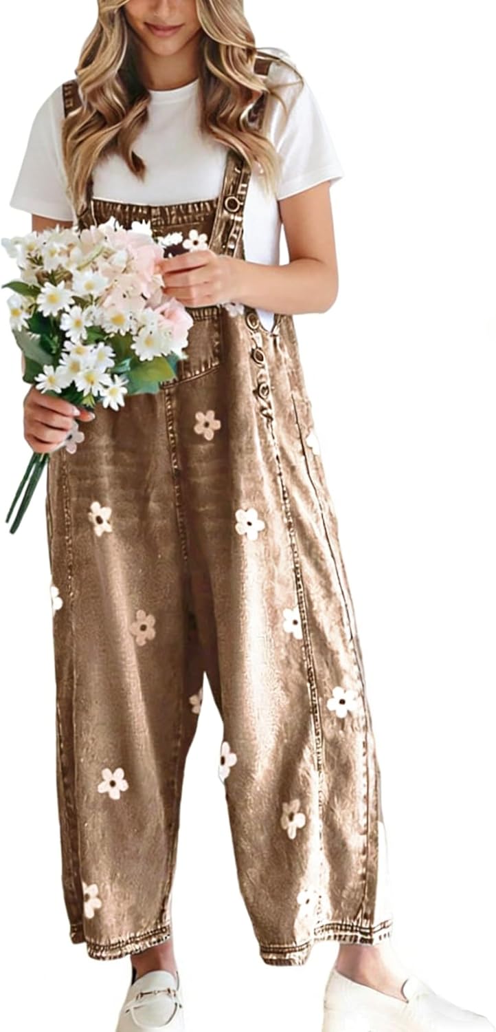 Ilaria Women's Floral Denim Overalls – Wide Leg, Adjustable Straps & Multiple Handy Pockets