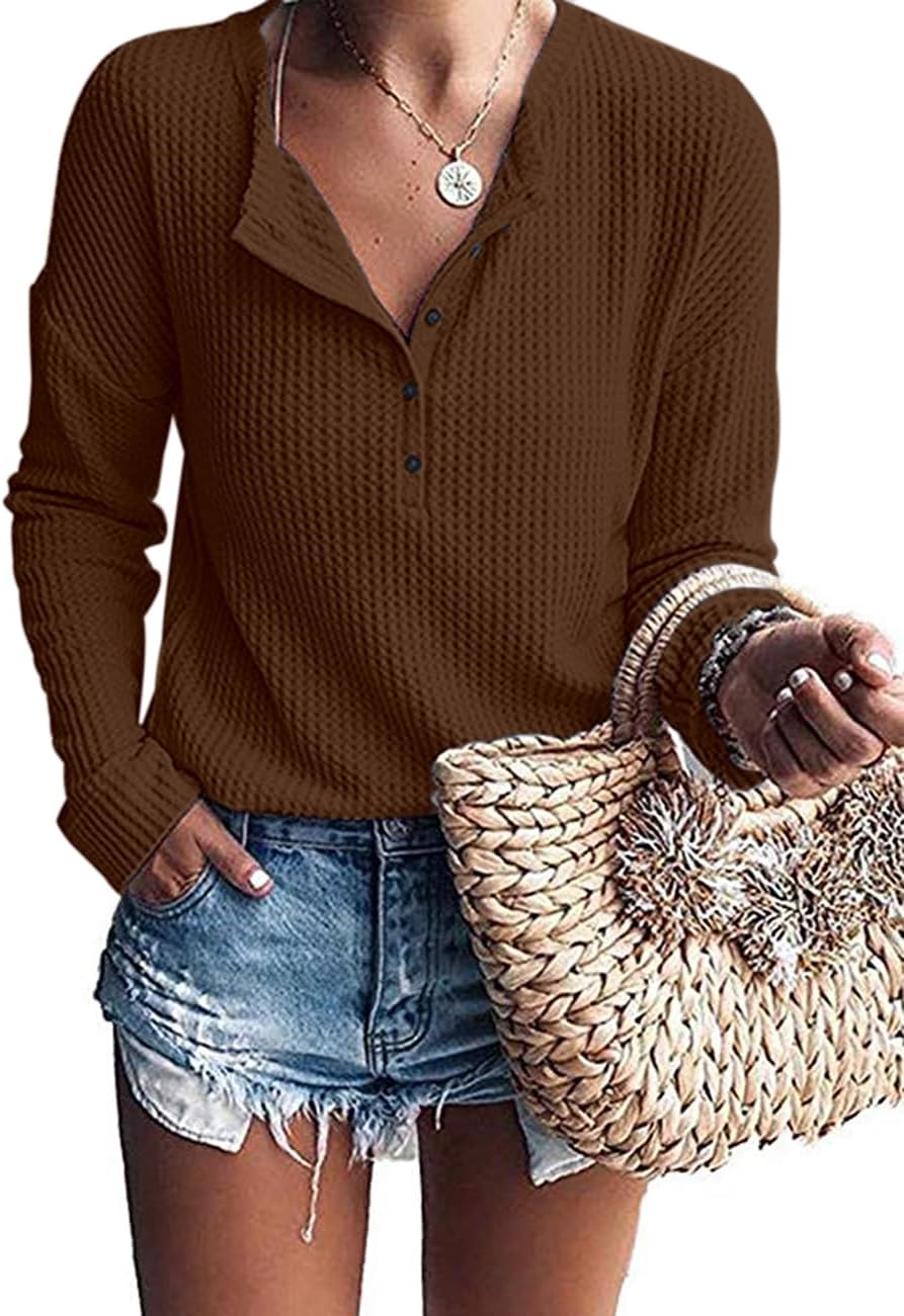 Tullia Women's Waffle Knit Henley Top – V-Neckline, Dolman Sleeves & Comfortable Fit