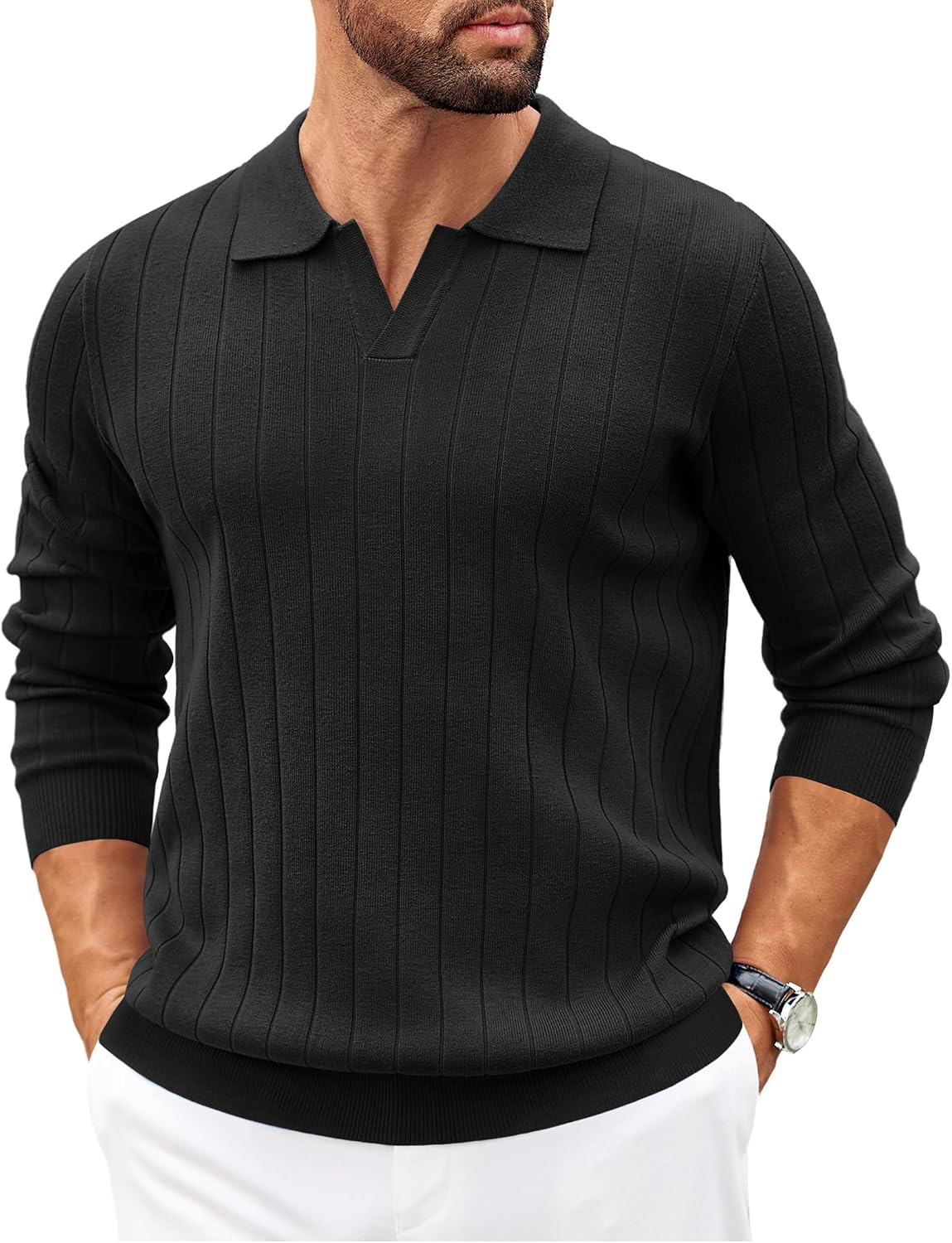 Quendolyn Men's Knit Polo Sweater – V-Neckline Collar, Wide Stripe Texture & Ribbed Detailing
