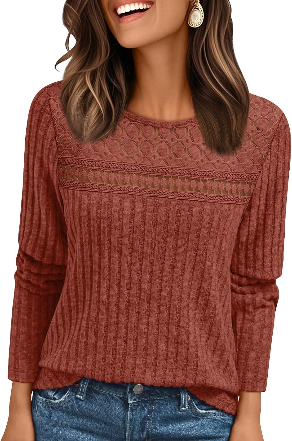 Ulrike Women's Lace Ribbed Top – Crewneck, Full-Length Sleeves & Fitted Silhouette