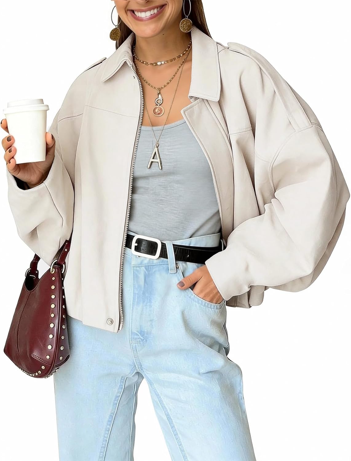 Nectaria Women's Faux Suede Bomber Jacket – Cropped Fit, Dolman Sleeves & Zip-Up Front