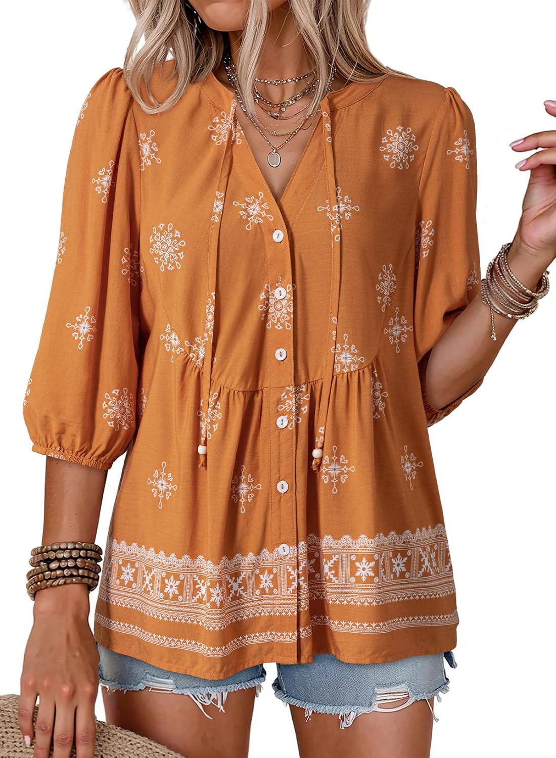 Adalgisa Women's Floral Peplum Blouse – V-Neckline, Tie Front & Button-Down Design