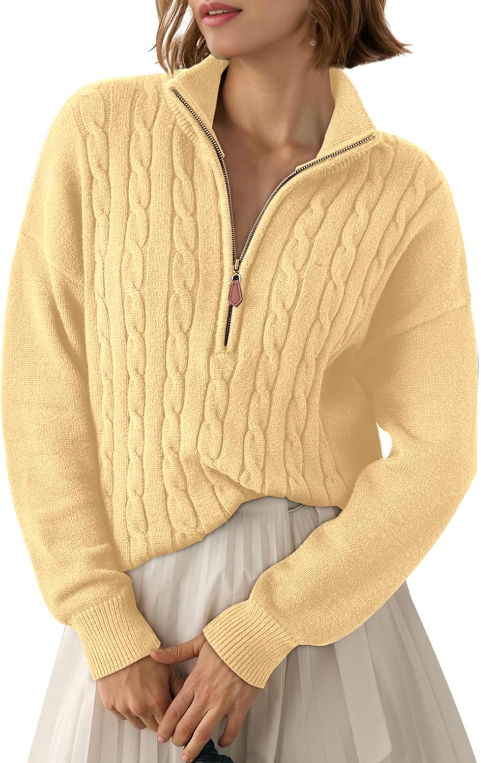 Eowyn Women's Ribbed Quarter-Zip Sweater – V-Neckline, Dropped-Shoulder Design & Comfortable Fit