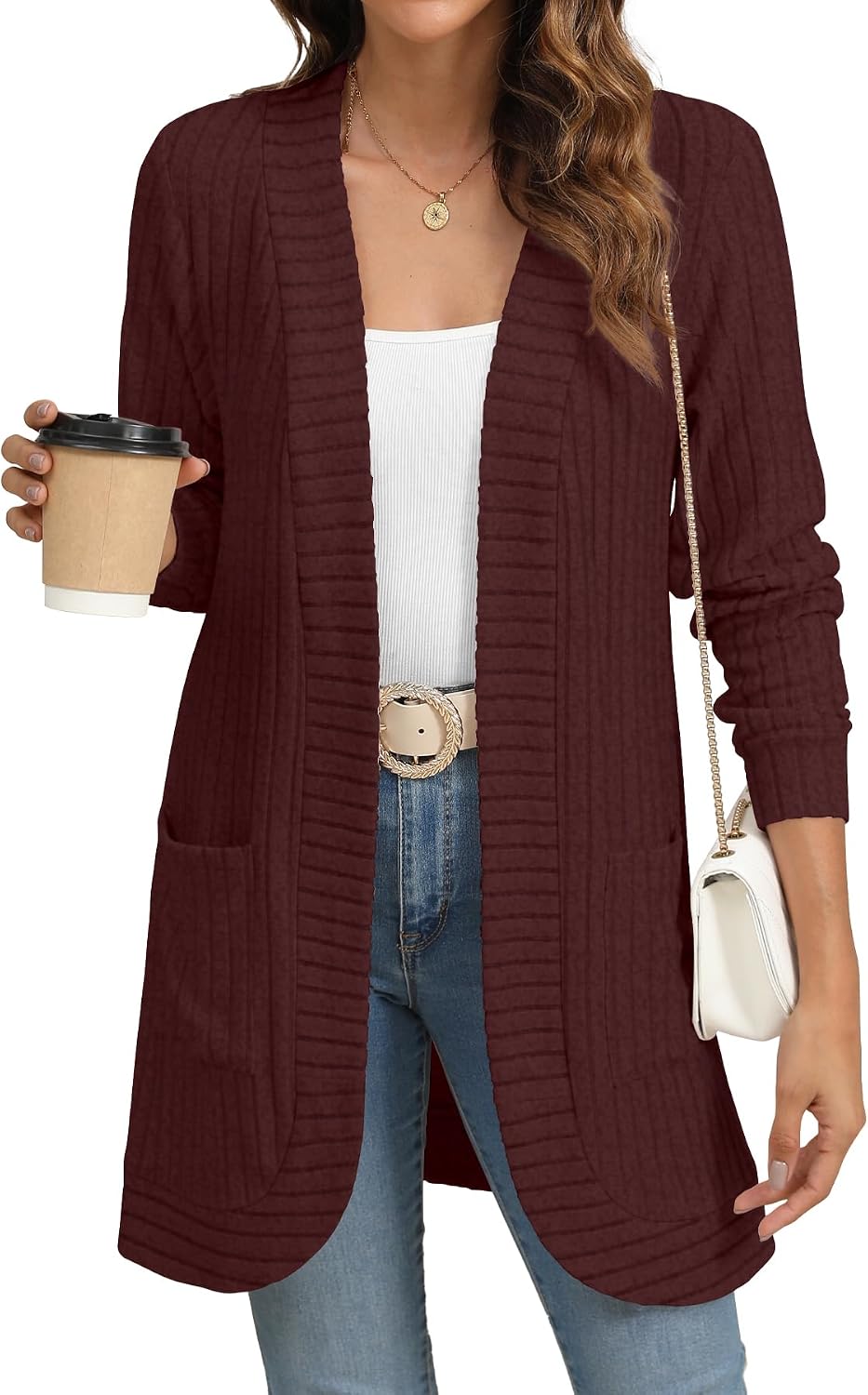 Draycen Women's Ribbed Open-Front Cardigan – Full-Length Sleeves, Relaxed Silhouette & Side Slip Pockets