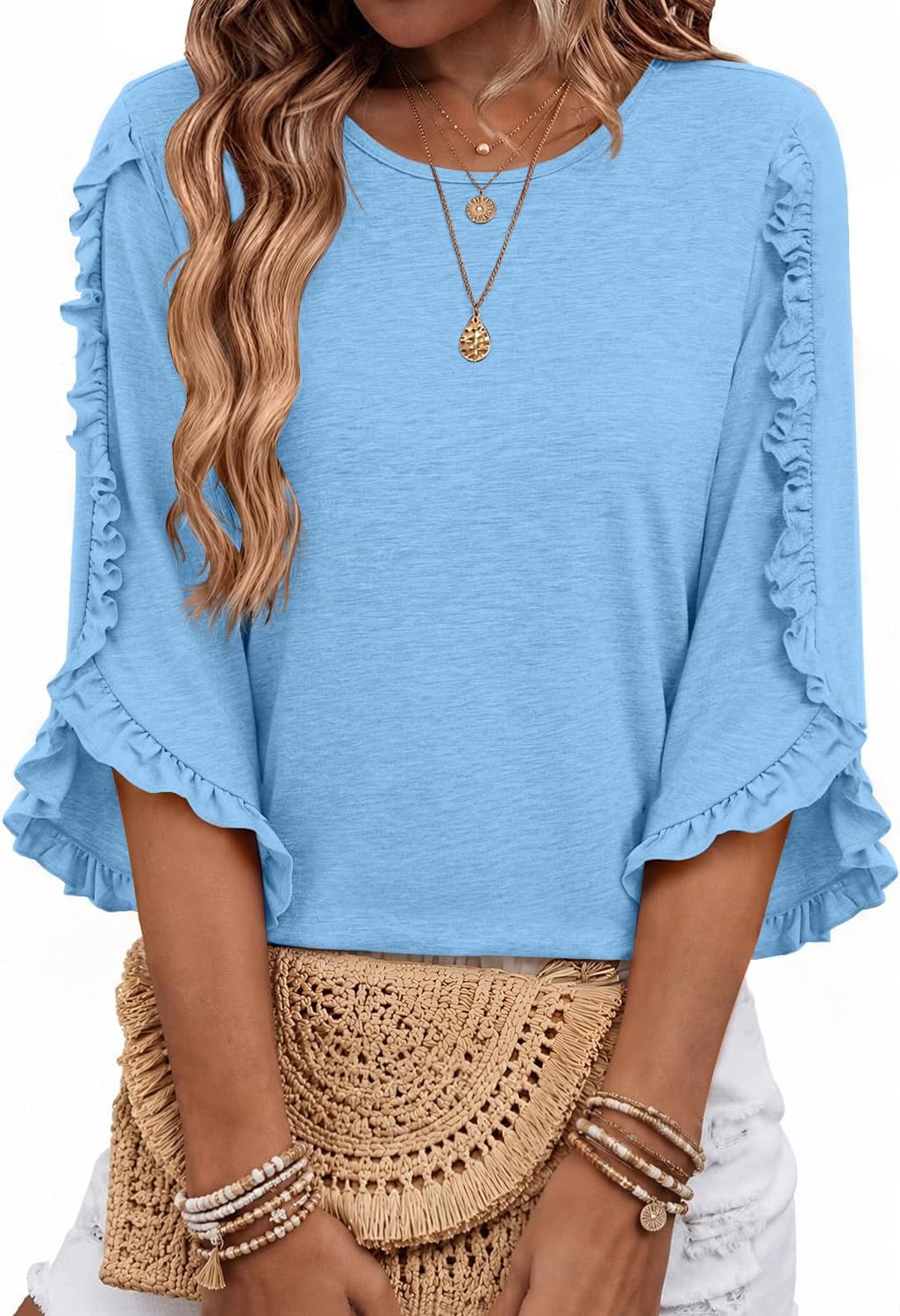 Adalgisa Women's Ruffle Trim Top – Crewneck, 3/4 Sleeves & Easy Fit