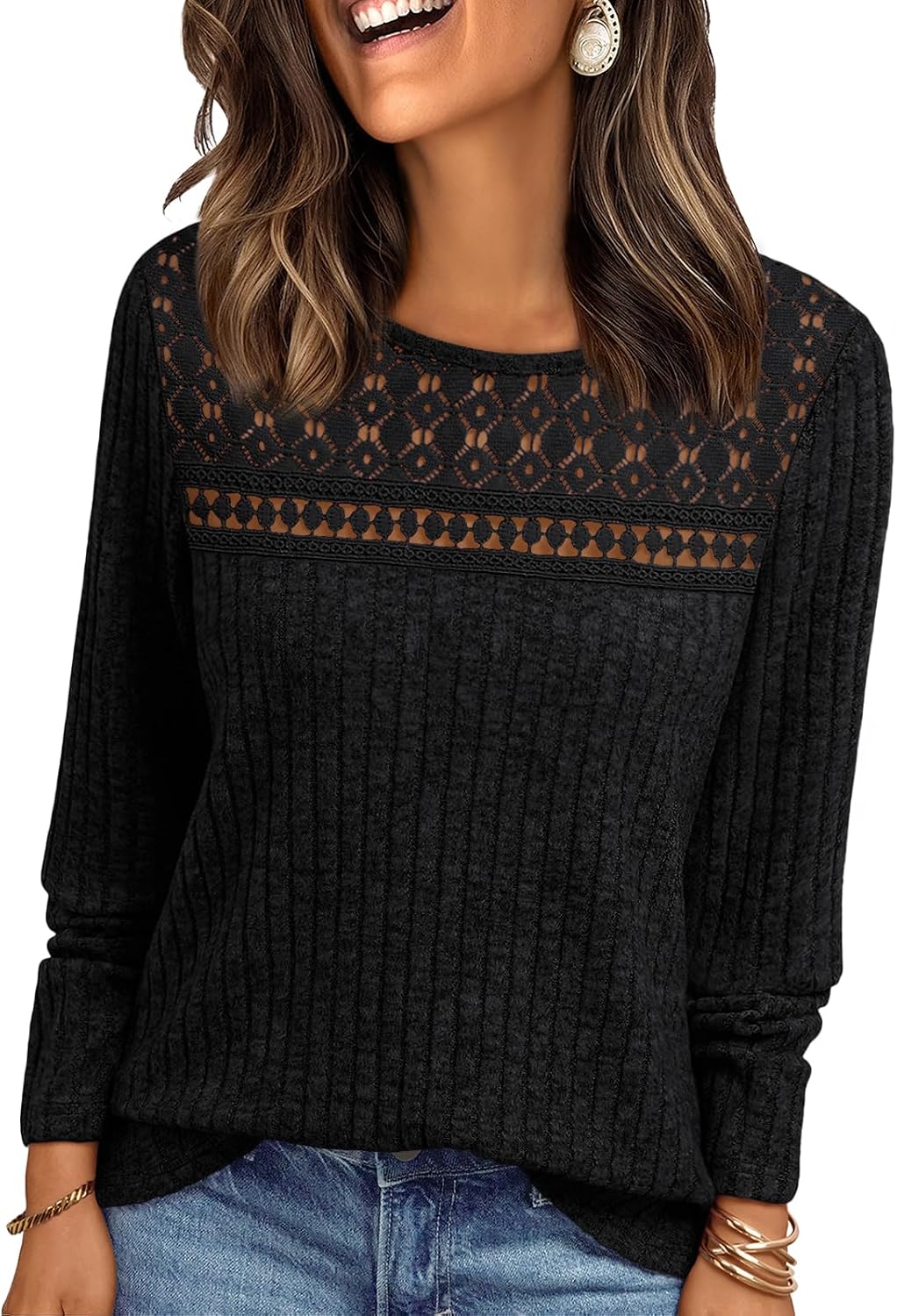 Ulrike Women's Lace Ribbed Top – Crewneck, Full-Length Sleeves & Fitted Silhouette