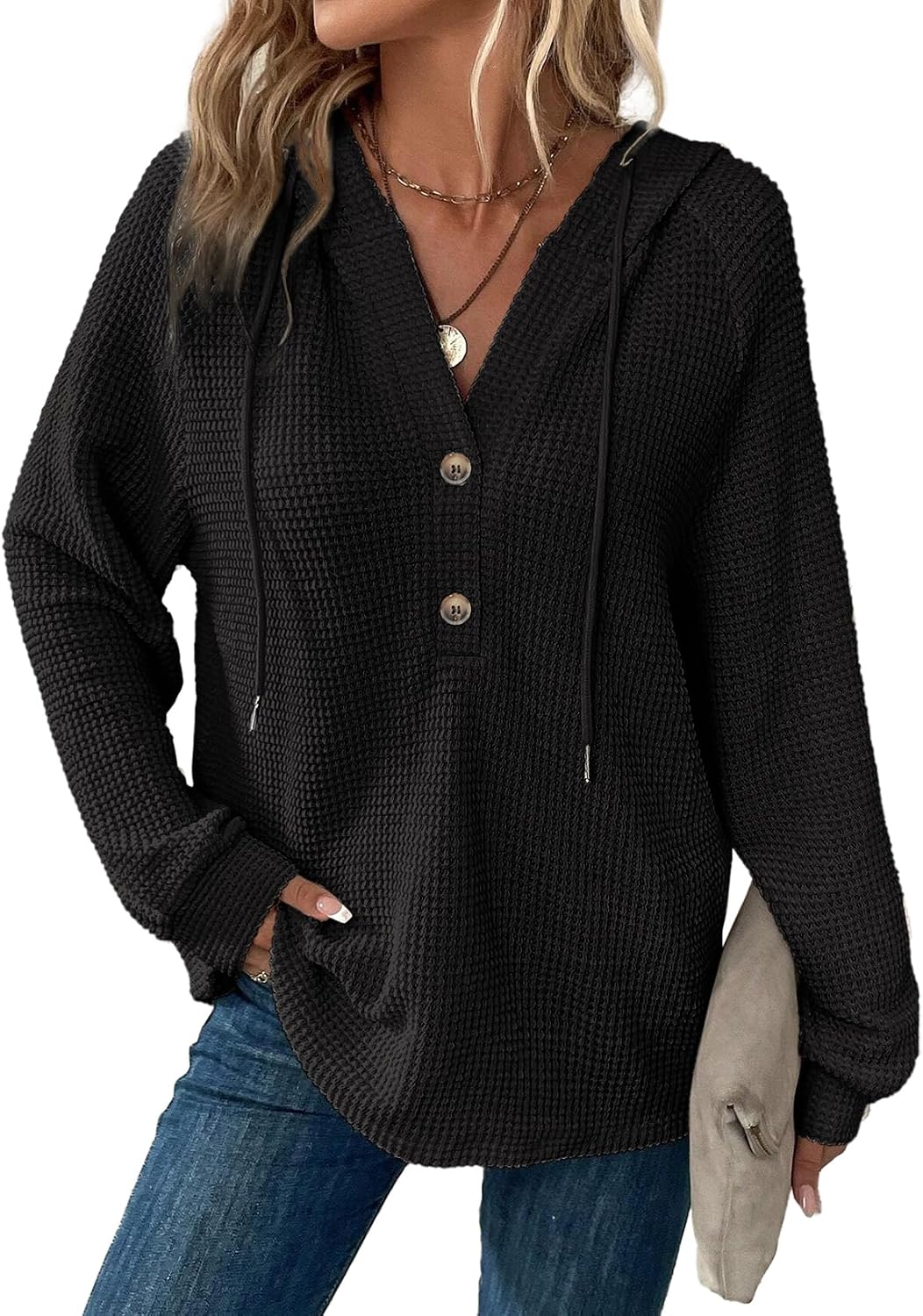 Orsolya Women's Waffle Knit Hoodie – V-Neckline, Button-Up Front & Loose Silhouette