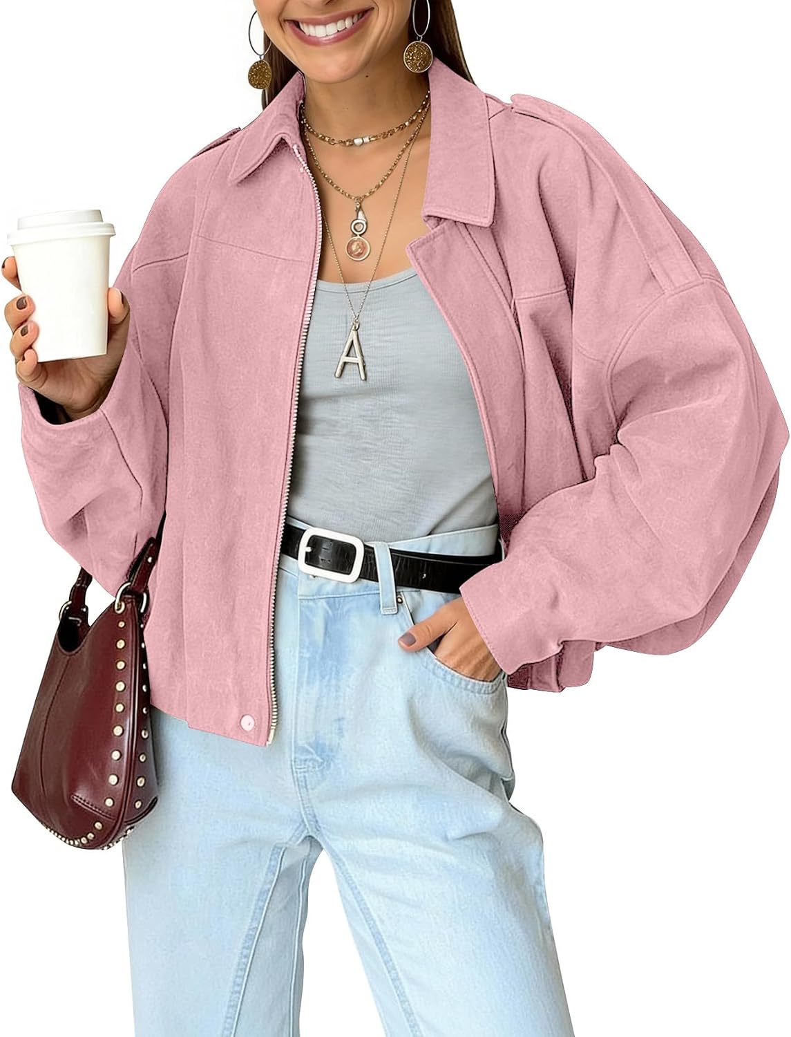 Nectaria Women's Faux Suede Bomber Jacket – Cropped Fit, Dolman Sleeves & Zip-Up Front