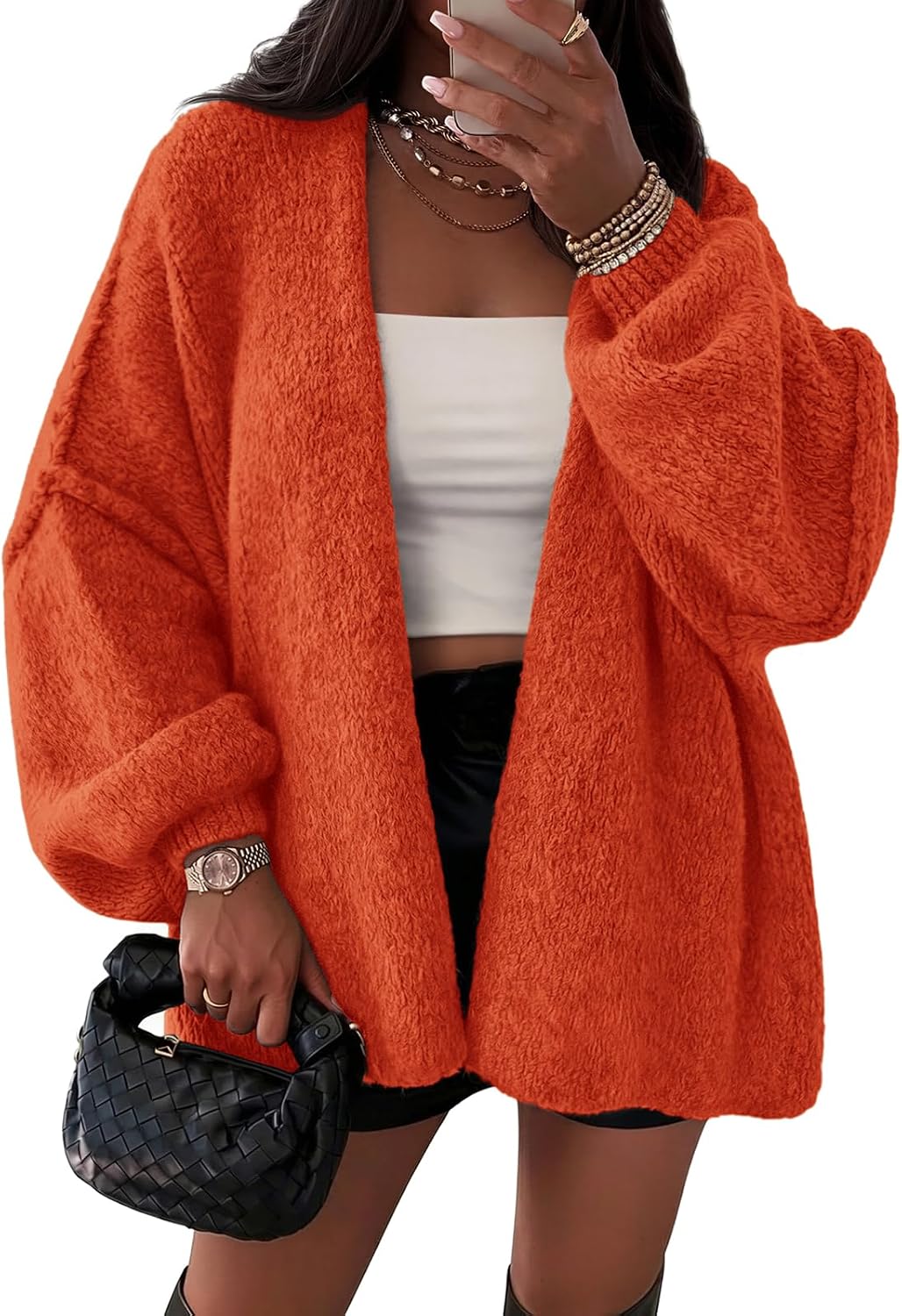Mireio Women's Oversized Cardigan – Balloon Sleeves, Dropped-Shoulder Design & Open-Front Design