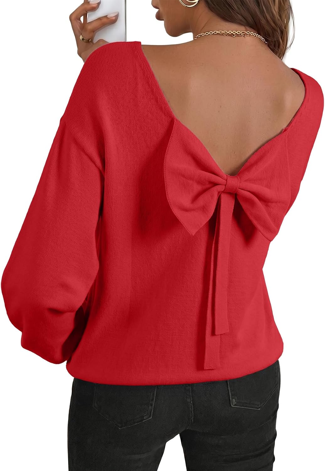 Aldric Women's Back Bow Knit Sweater – Open Back, Balloon Sleeves & Comfortable Fit