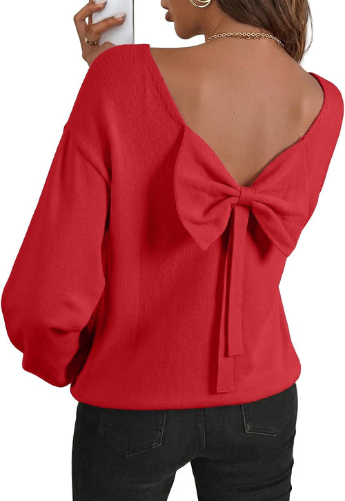 Aldric Women's Back Bow Knit Sweater – Open Back, Balloon Sleeves & Comfortable Fit