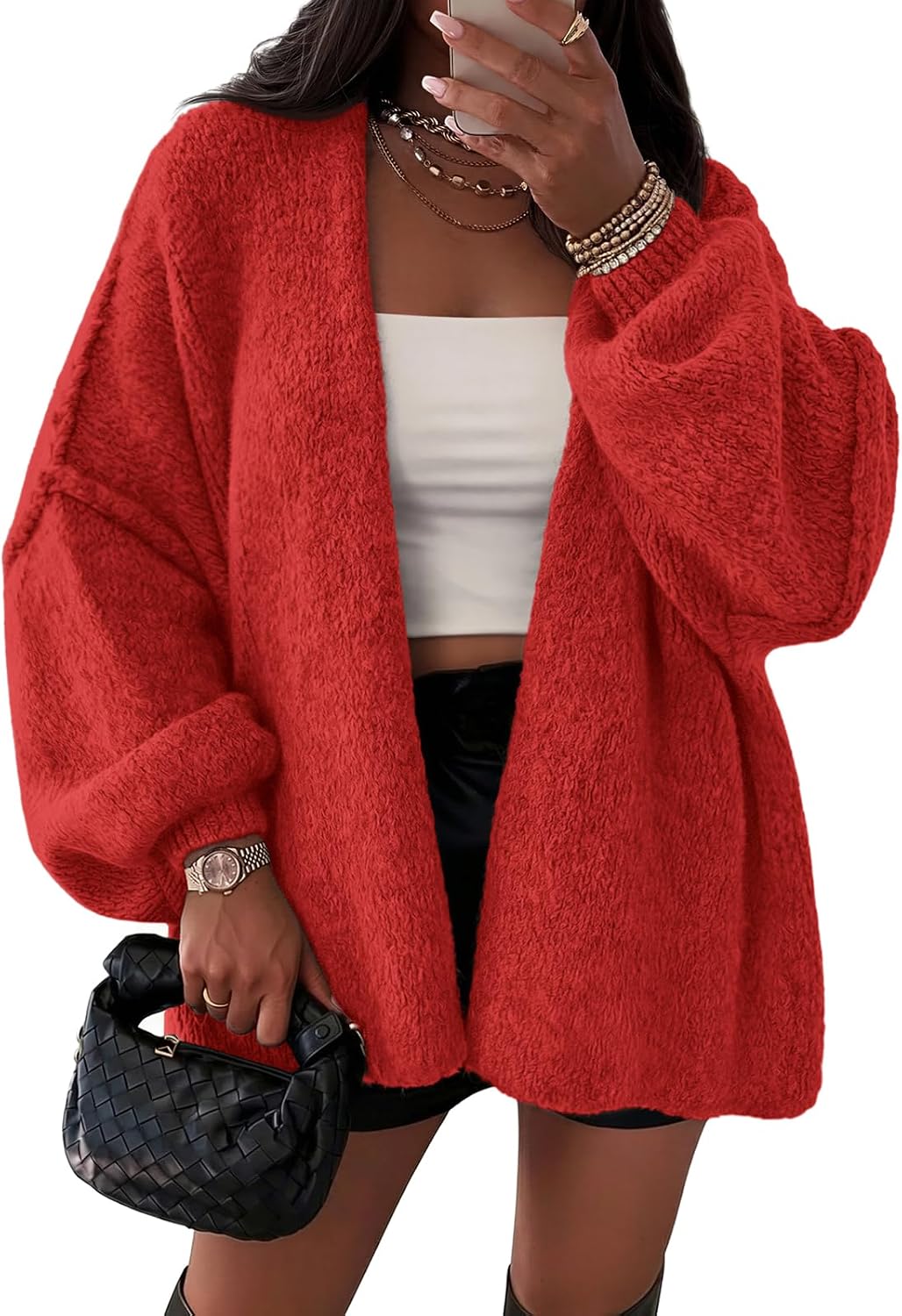 Mireio Women's Oversized Cardigan – Balloon Sleeves, Dropped-Shoulder Design & Open-Front Design