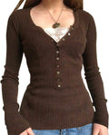 Marisol Women's Lace V-Neckline Top – Half Button-Up Front, Full-Length Sleeves & Fitted Silhouette