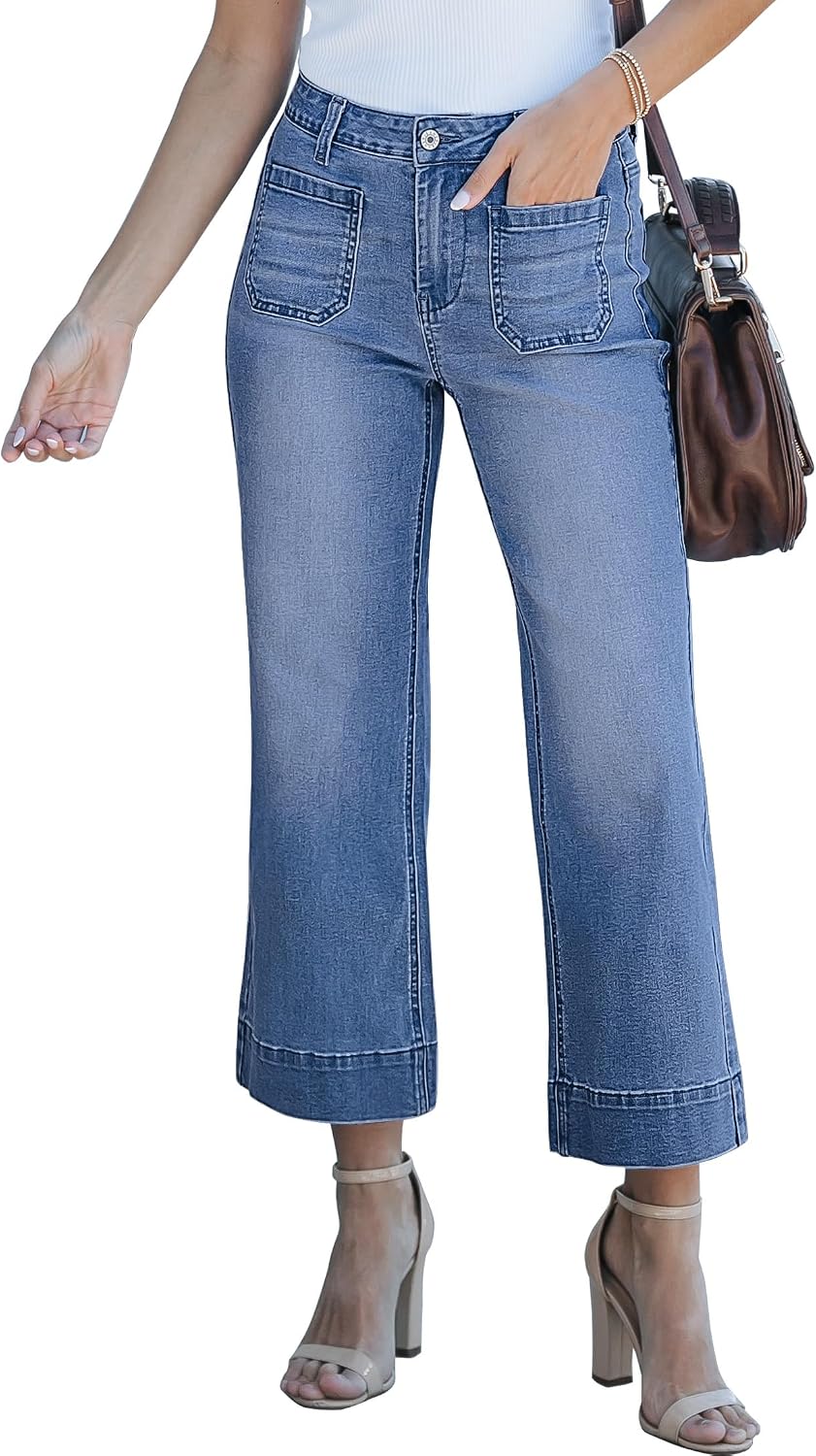 Eowyn Women's White Wide-Leg Jeans – High-Rise Waist, Stretch Denim & Patch Handy Pockets