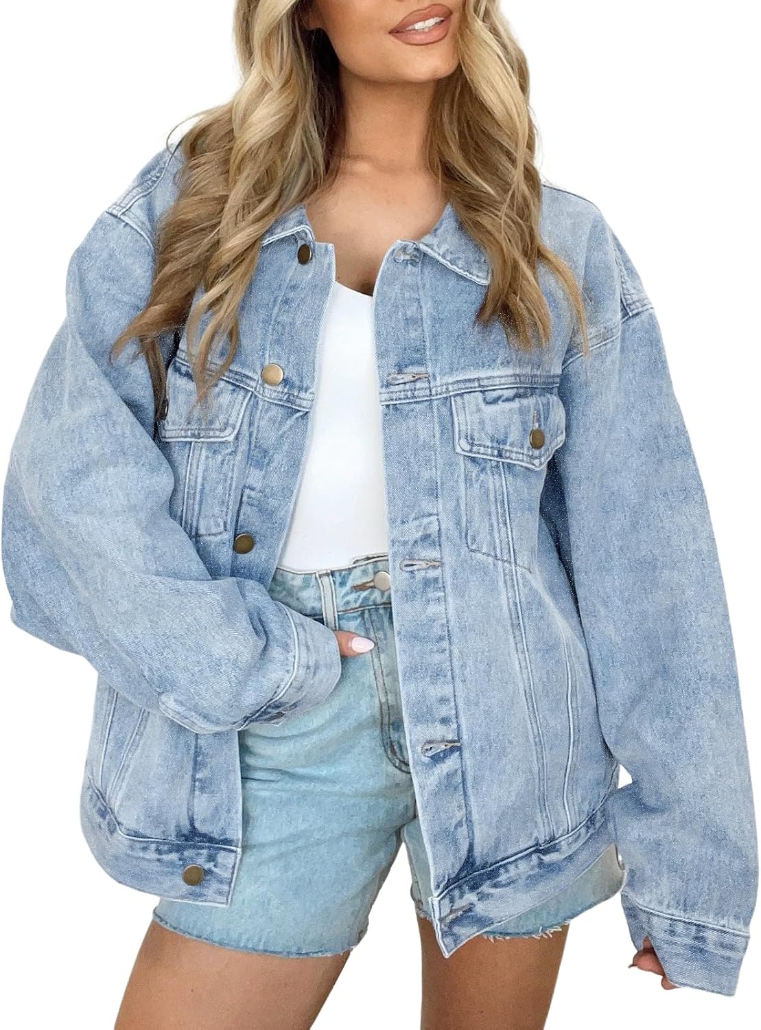 Mireio Women's Distressed Denim Jacket – Roomy Fit, Front Chest Pockets & Dropped-Shoulder Design