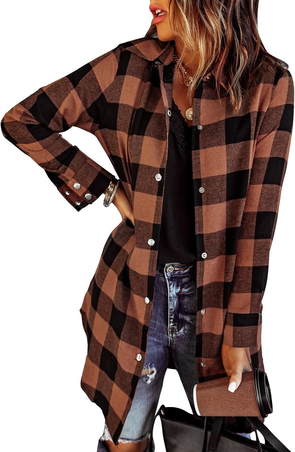 Farah Women's Plaid Shacket – Button-Up Front, Boyfriend Fit & Handy Pockets