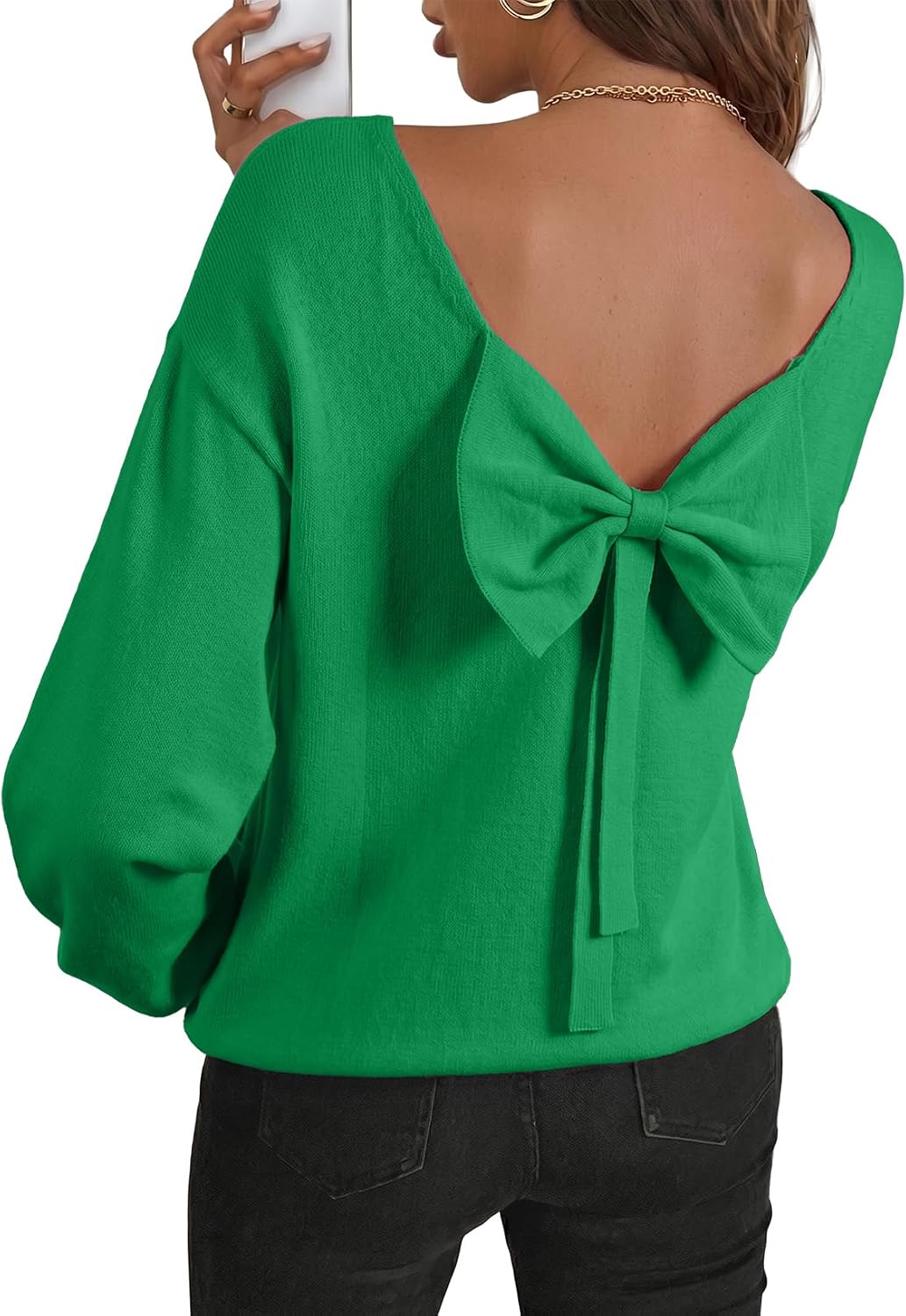 Aldric Women's Back Bow Knit Sweater – Open Back, Balloon Sleeves & Comfortable Fit
