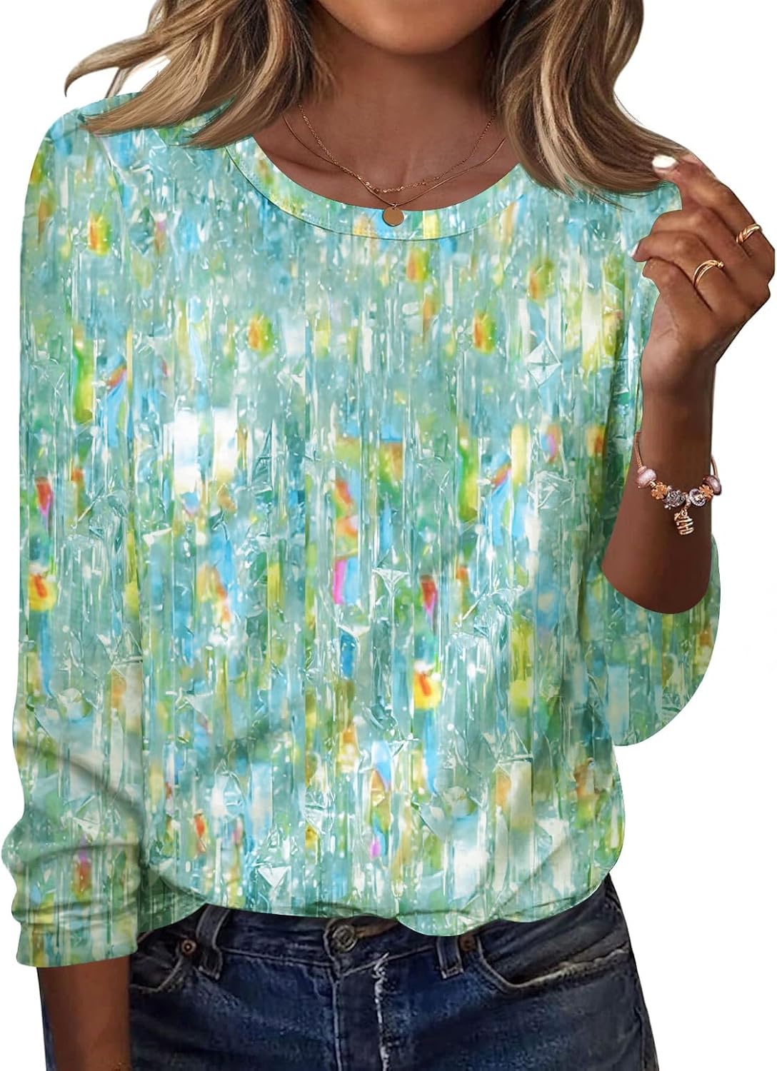 Sabelle Women's Printed Long Sleeve Top – Round Neckline, Curved Hem & Comfortable Fit
