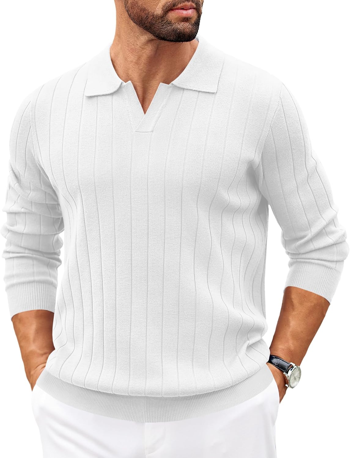 Quendolyn Men's Knit Polo Sweater – V-Neckline Collar, Wide Stripe Texture & Ribbed Detailing