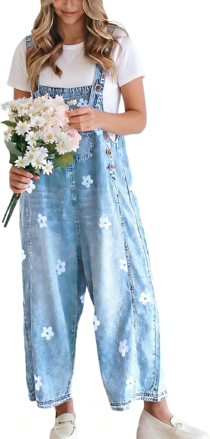 Ilaria Women's Floral Denim Overalls – Wide Leg, Adjustable Straps & Multiple Handy Pockets