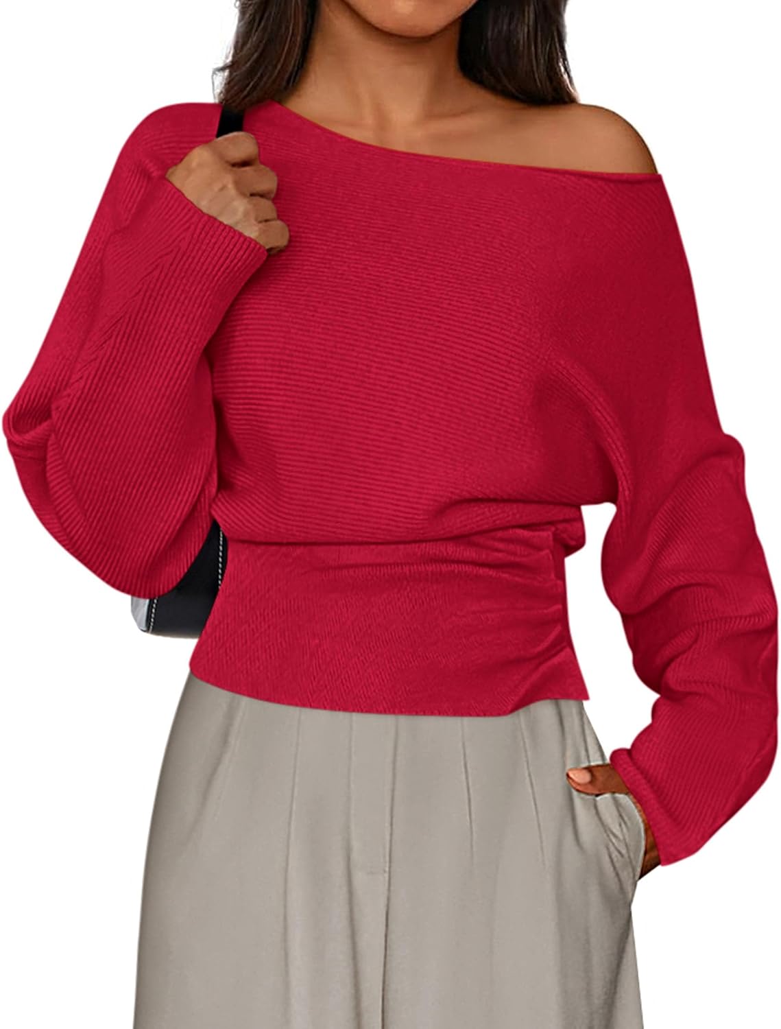 Dresden Women's Off-Shoulder Sweater – Ribbed Knit Fabric, Full-Length Sleeves & Fitted Waist