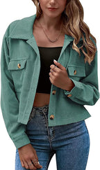Tabitha Women's Corduroy Jacket – Cropped Button-Up Shacket with Flap Pockets