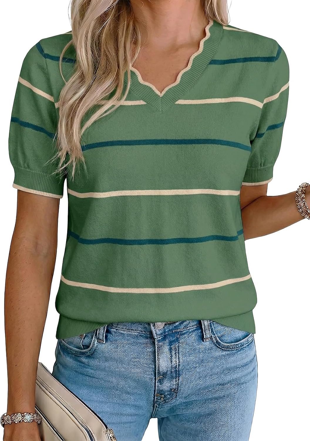 Vianne Women's Ruffle V-Neckline Knit Top – Short-Sleeve Design, Colour Block & Pullover