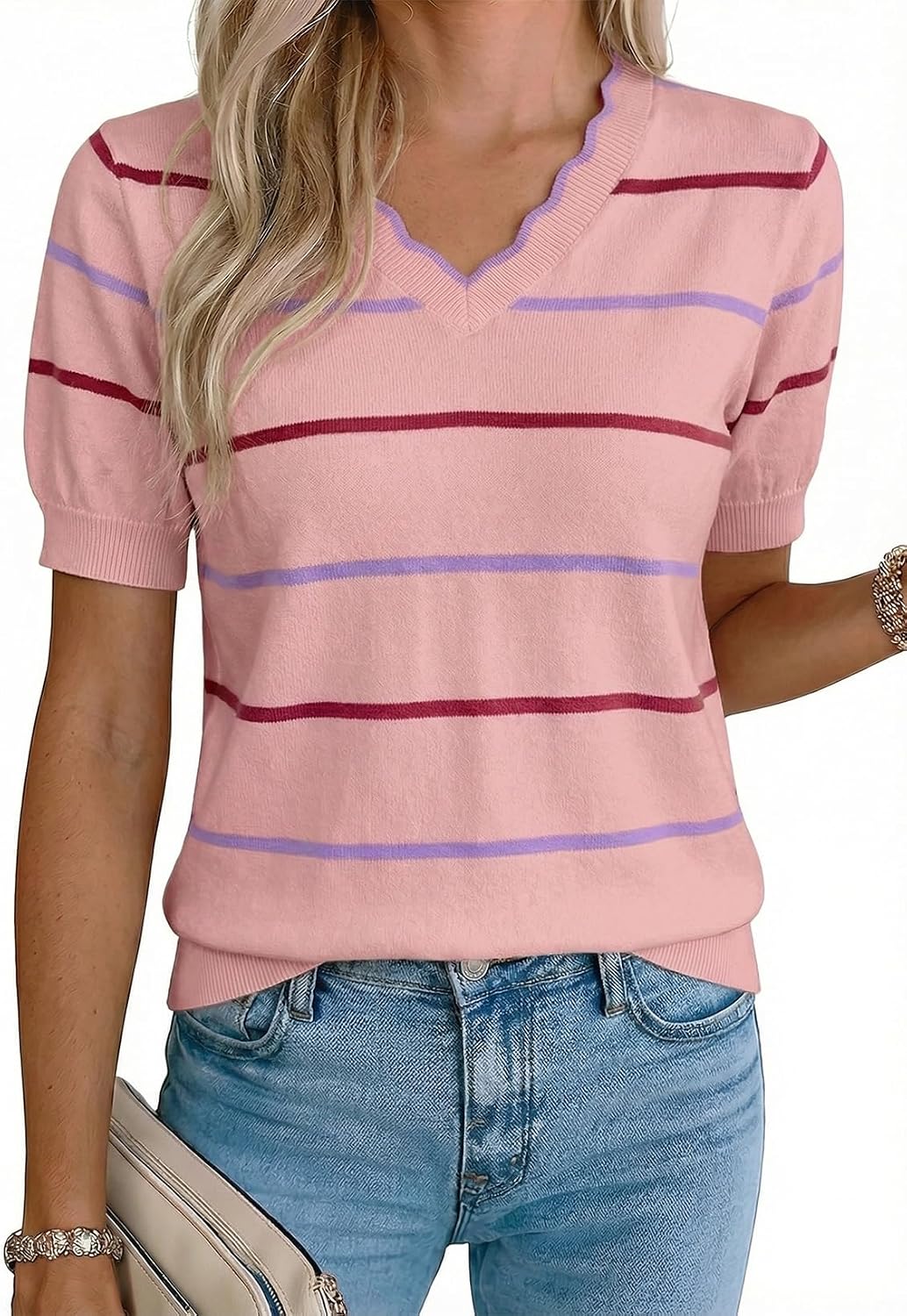Vianne Women's Ruffle V-Neckline Knit Top – Short-Sleeve Design, Colour Block & Pullover